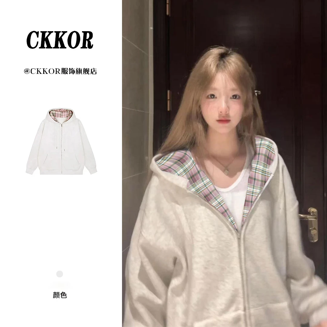 CKKOR秋冬新款时尚ins风连帽衫卫衣女美式潮牌设计感上衣宽松外套