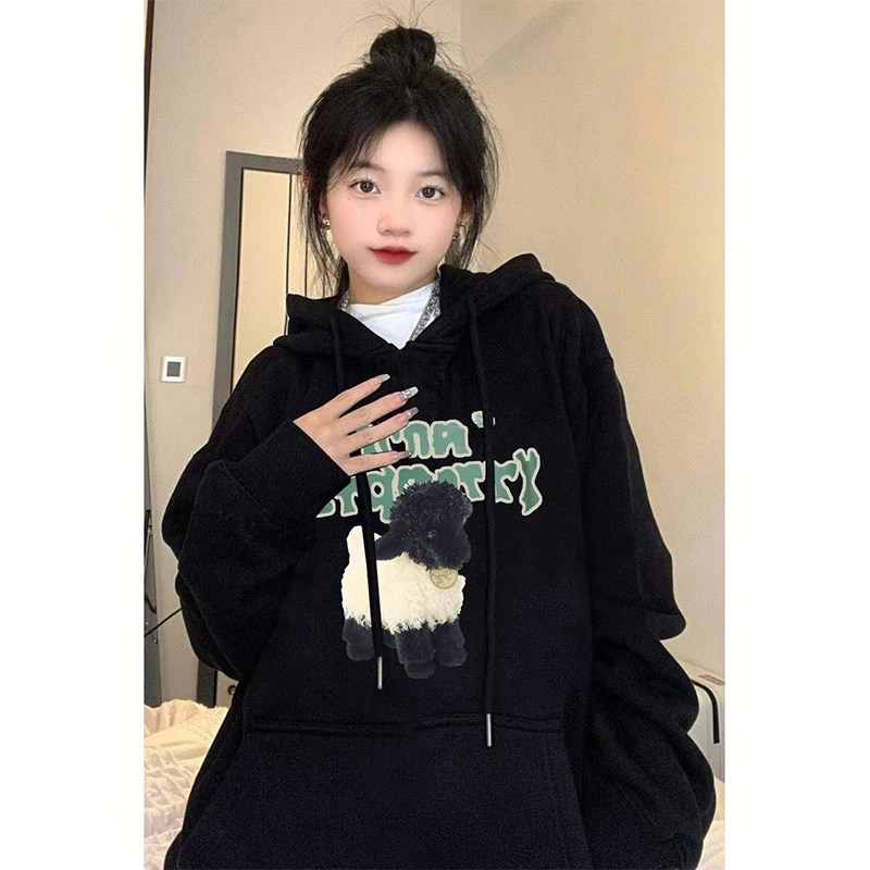 CKKOR复古黑色连帽衫卫衣女秋冬宽松慵懒风卫衣百搭学生韩版印花