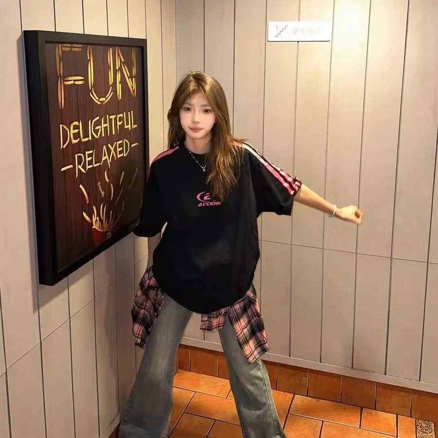 【CKKOR】美式重磅纯棉复古风拼接短袖插肩时尚夏季新款宽松上衣