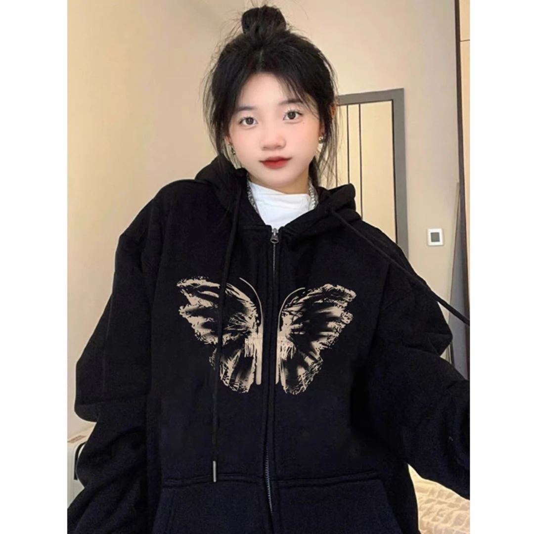 CKKOR美式黑色高街连帽拉链开衫外套卫衣女春秋季薄款慵懒风卫衣