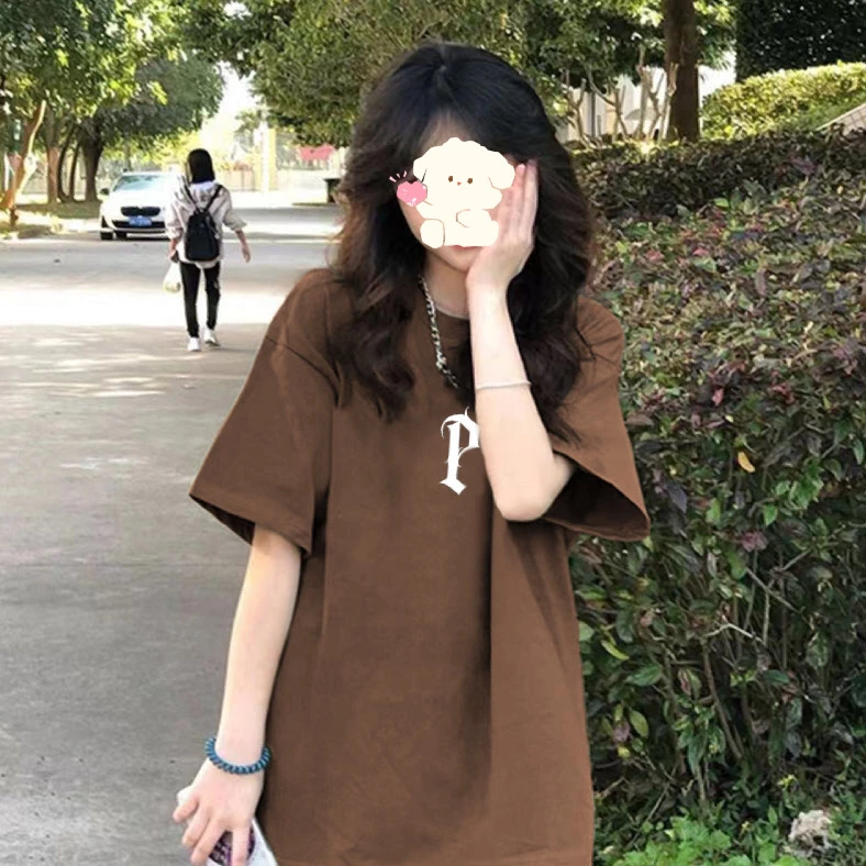 CKKOR摩卡棕P字母印花纯棉短袖t恤女款宽松ins显白甜辣上衣休闲风