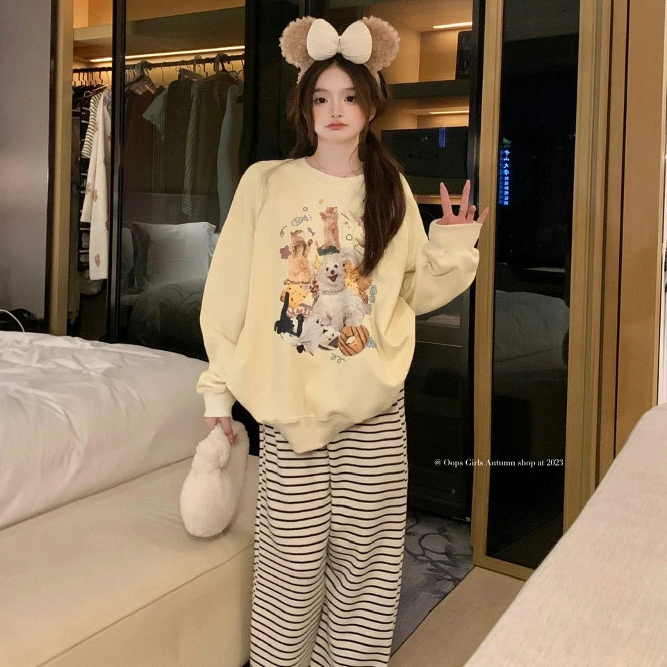 猫狗印花春秋防寒加绒圆领卫衣小众时尚百搭韩版宽松休闲长袖上衣