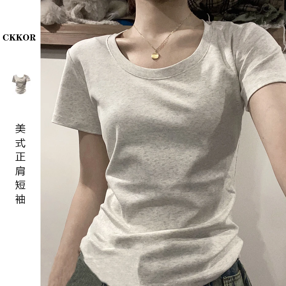 CKKOR纯色正肩短袖t恤春夏季时尚女甜美风ins圆领韩系显瘦修身衣