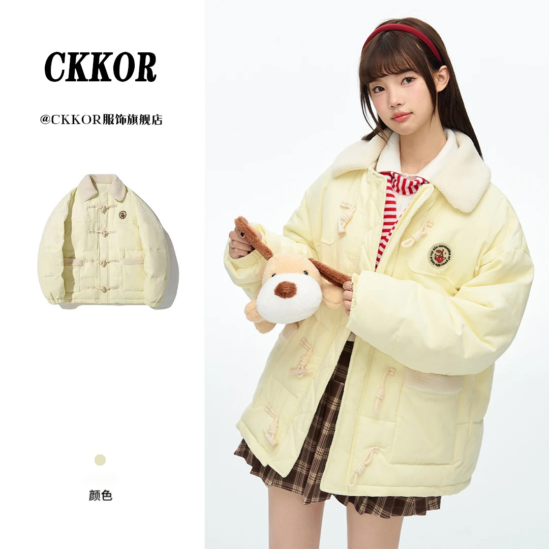 CKKOR韩系可爱风牛角扣冬季棉服外套女百搭宽松灯芯绒保暖上衣女