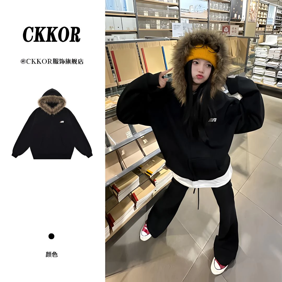 CKKOR秋冬新款加绒加厚保暖外套时尚感连帽毛领棉服潮流休闲女装
