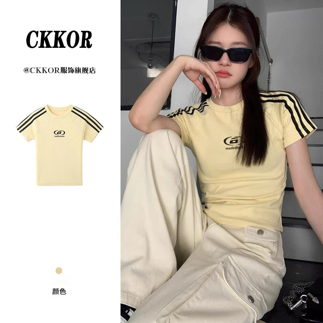 CKKOR夏季新款莫奈花园风显瘦短袖t恤美式复古辣妹运动风百搭上衣