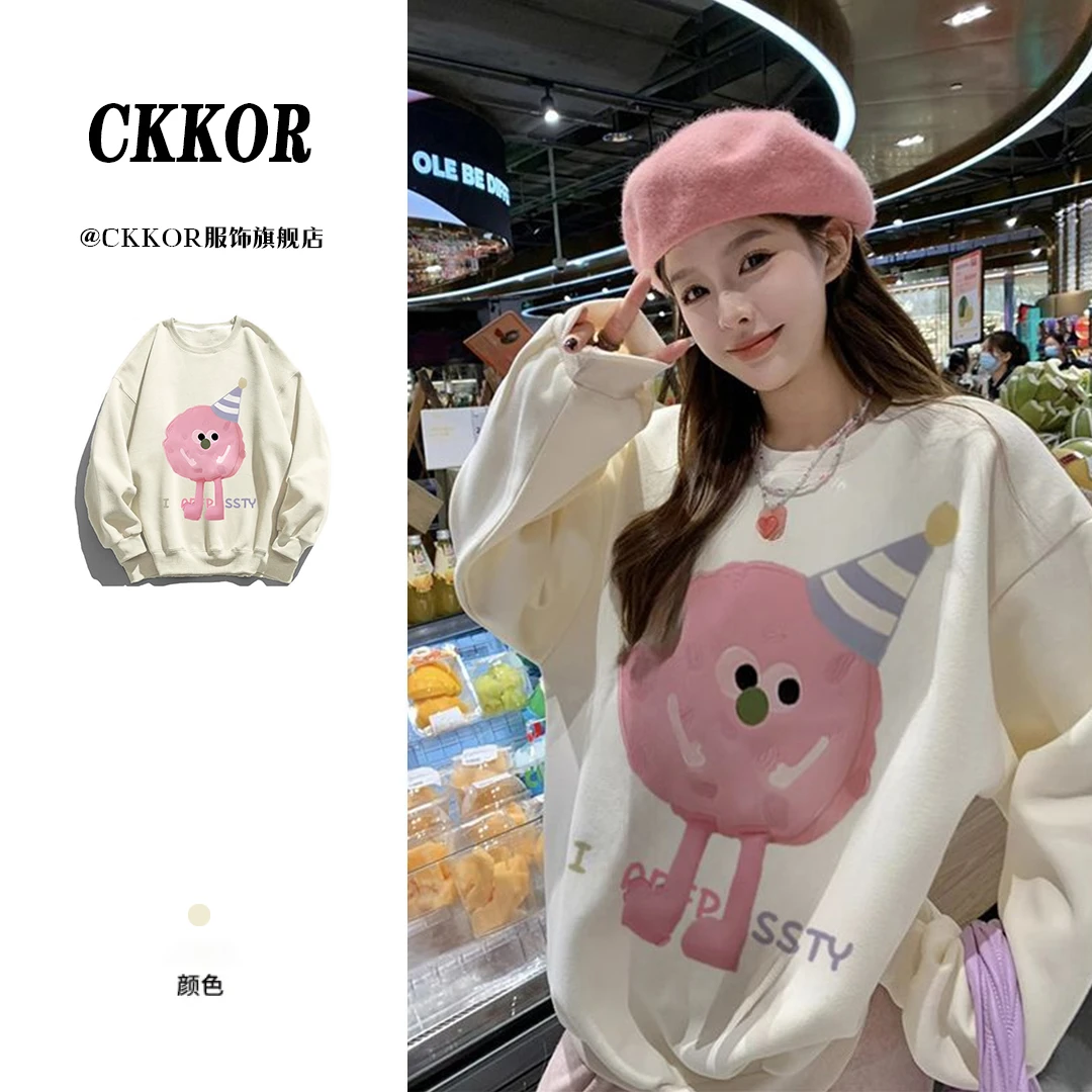 CKKOR甜美少女风圆领卫衣女春秋新款卡通印花ins风设计感长袖上衣