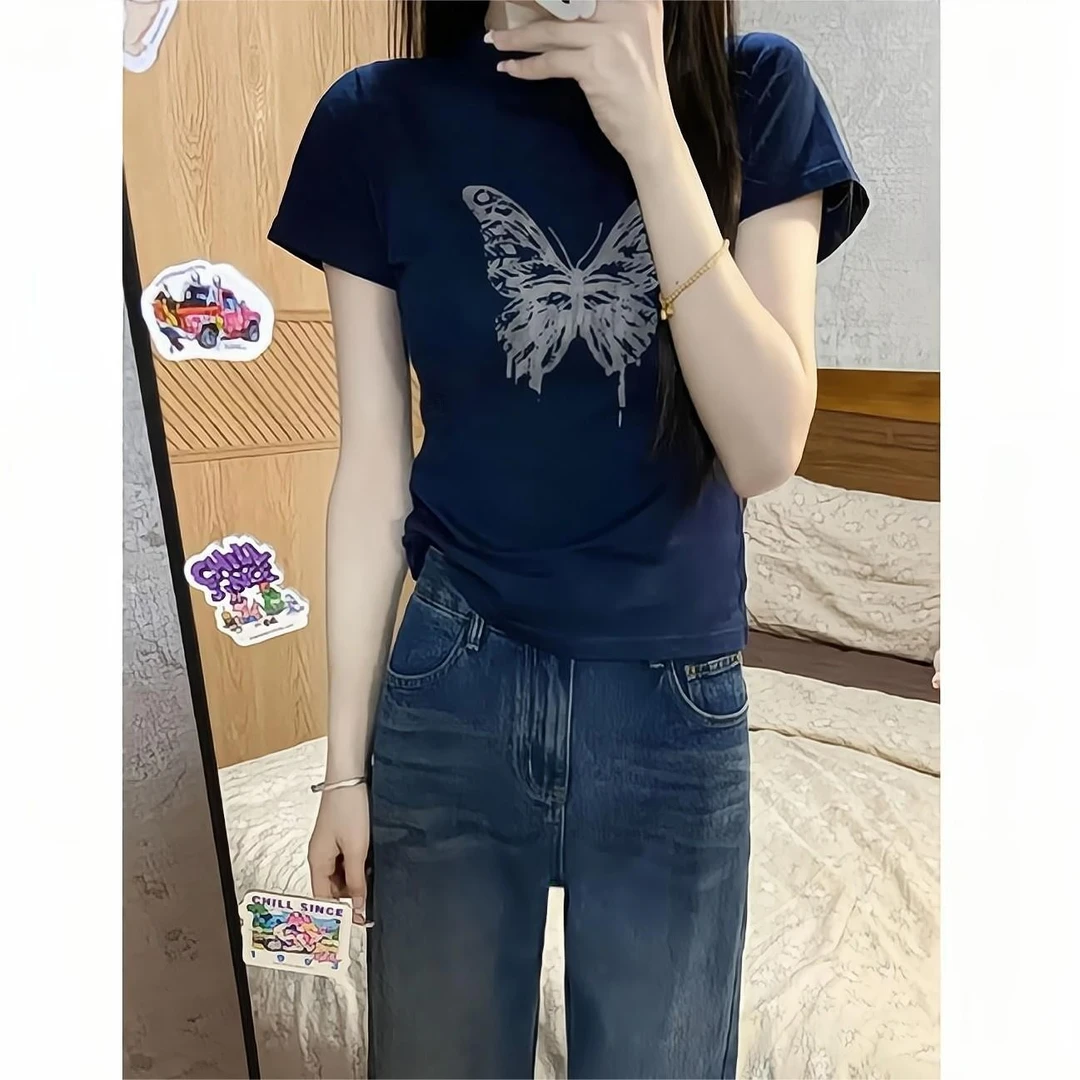CKKOR藏蓝色蝴蝶t恤春夏季新款宽松显瘦辣妹休闲ins上衣时尚圆领