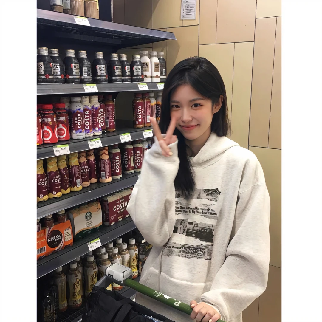 白灰色春秋季连帽加绒加厚卫衣女宽松慵懒风卫衣百搭长袖学生韩版