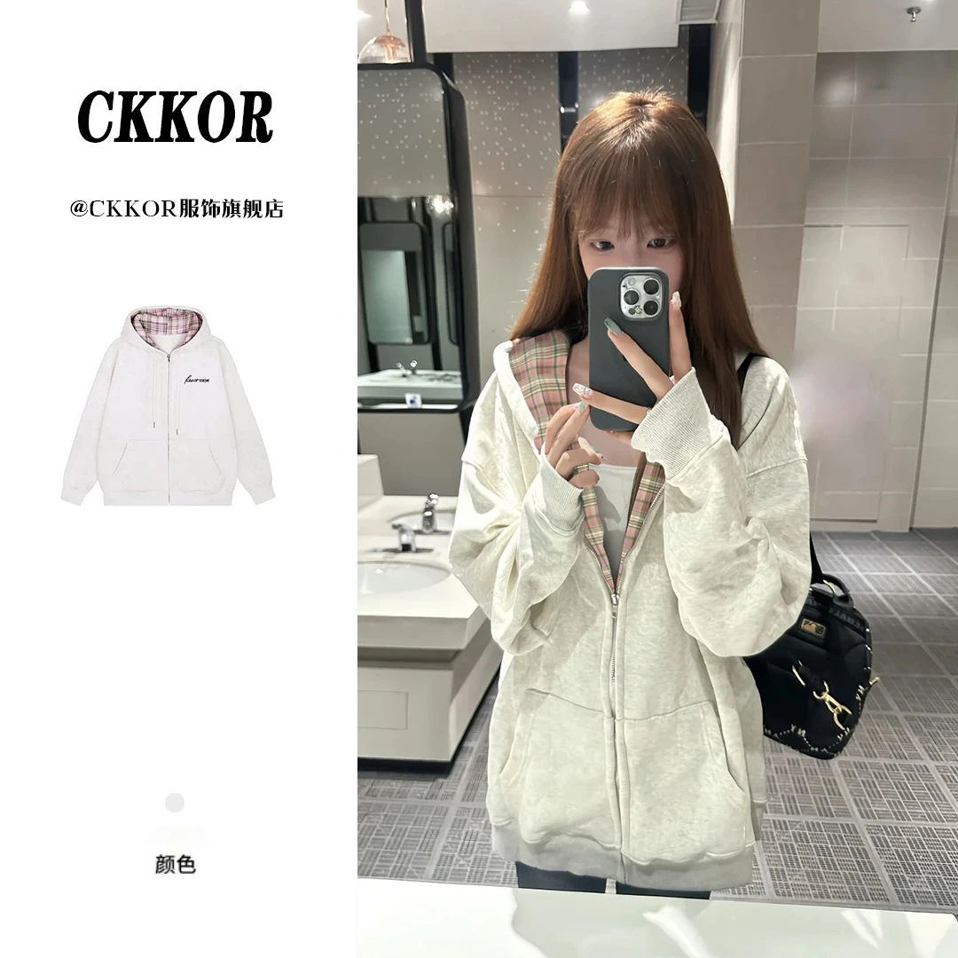 CKKOR春秋加绒复古格子连帽拉链卫衣外套女美式时尚ins慵懒风上衣