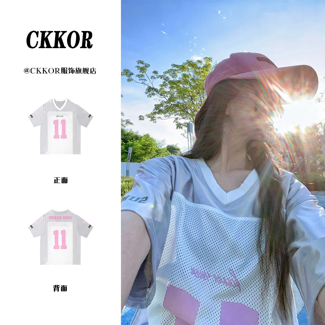 CKKOR夏季新款运动风V领球服t恤女时尚设计感百搭ins风短袖上衣女