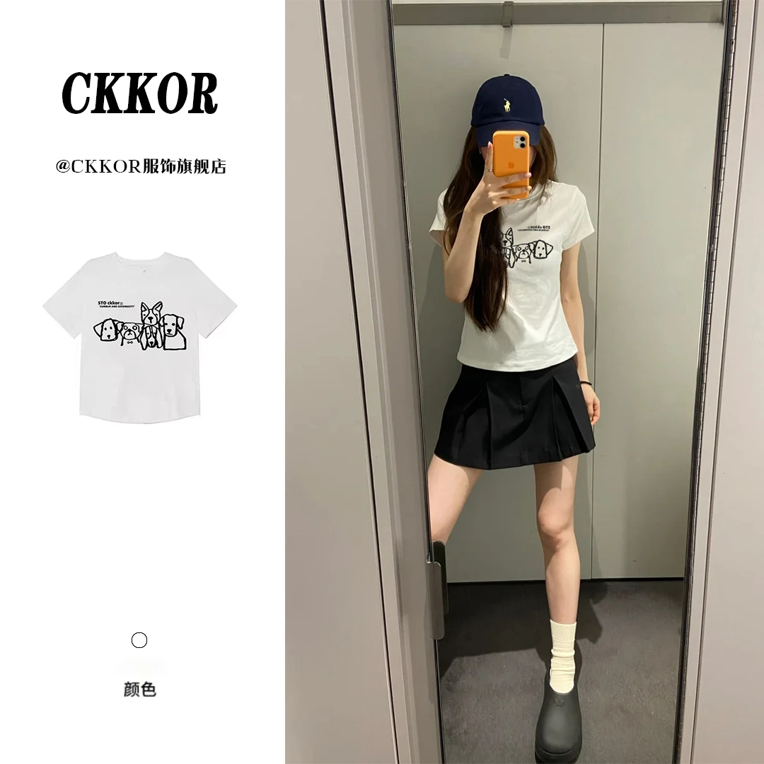 CKKOR简笔卡通狗狗印花可爱甜辣风修身上衣百搭小众清凉款短袖t恤