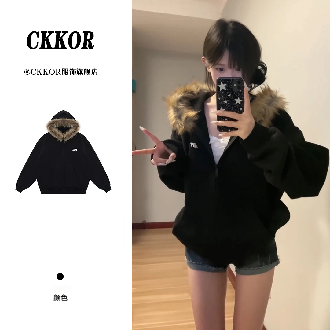 CKKOR复古感女装连帽开衫棉衣外套女款爆款秋冬加绒加厚保暖棉服