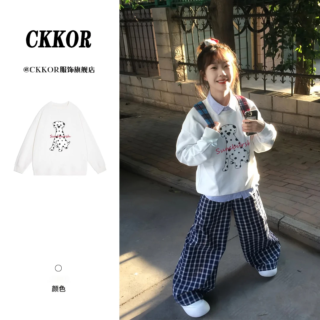 CKKOR春秋款加绒加厚宽松卫衣女美式斑点狗印花ins风圆领长袖上衣