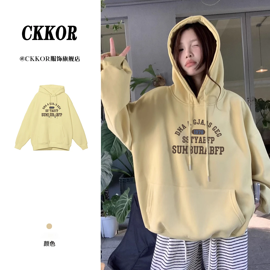 CKKOR美式时尚潮牌印花厚卫衣加绒加厚春秋新款ins学院风连帽上衣