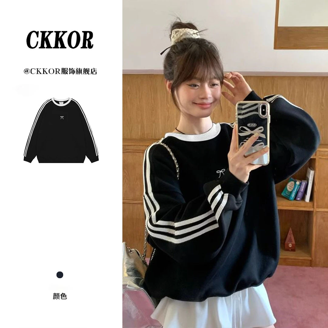 CKKOR美式复古学院风三条杠圆领卫衣女秋冬新款韩版ins风长袖上衣