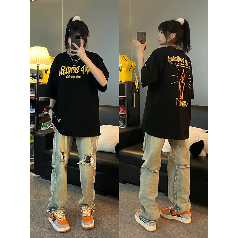 国潮美式复古创意印花短袖t恤男女宽松设计感小众情侣半袖上衣ins