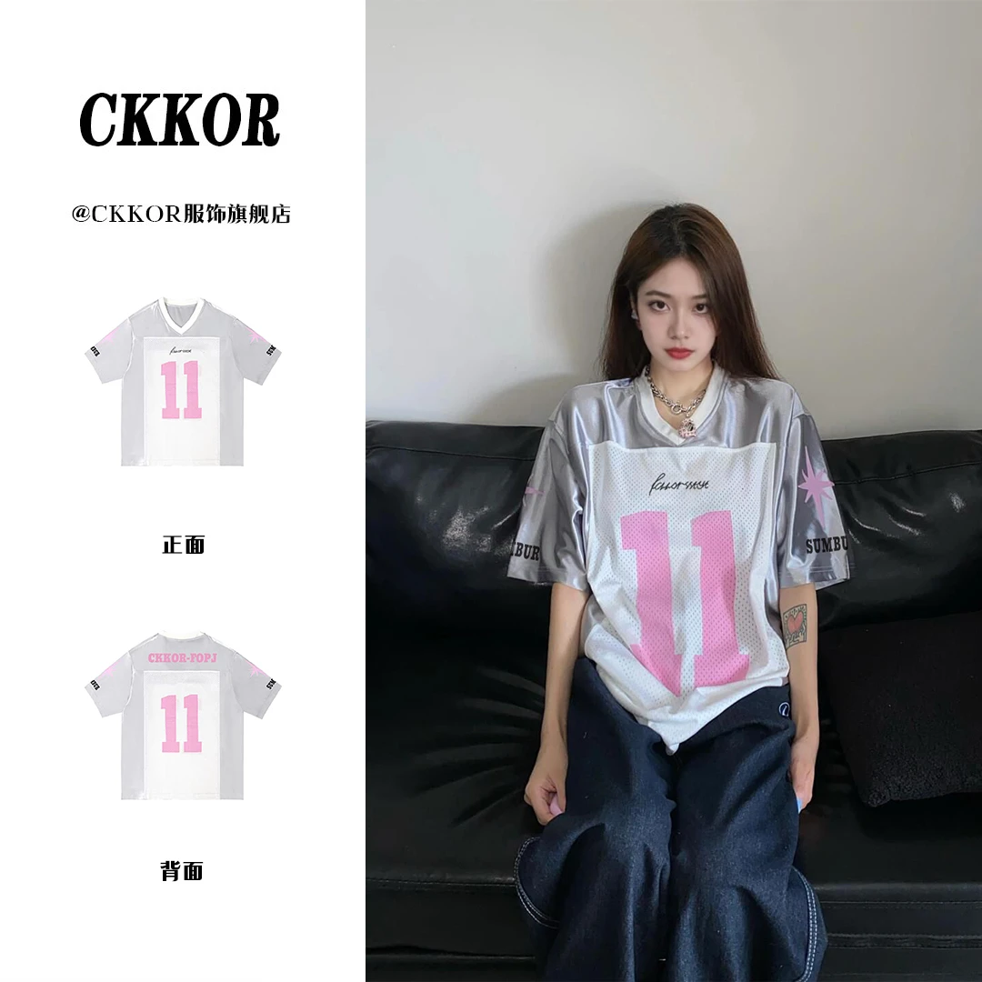 CKKOR欧若风球衣短袖女宽松休闲运动美式复古T恤网红洋气炸街女装