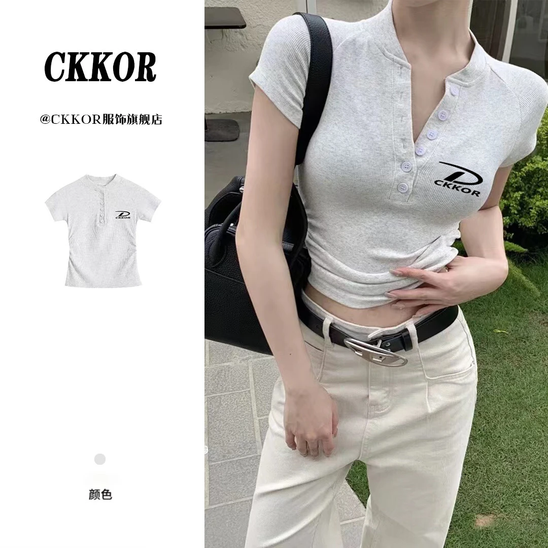 CKKOR美式时尚白灰色立领纽扣短袖t恤女显瘦辣妹纯欲风短款设计感