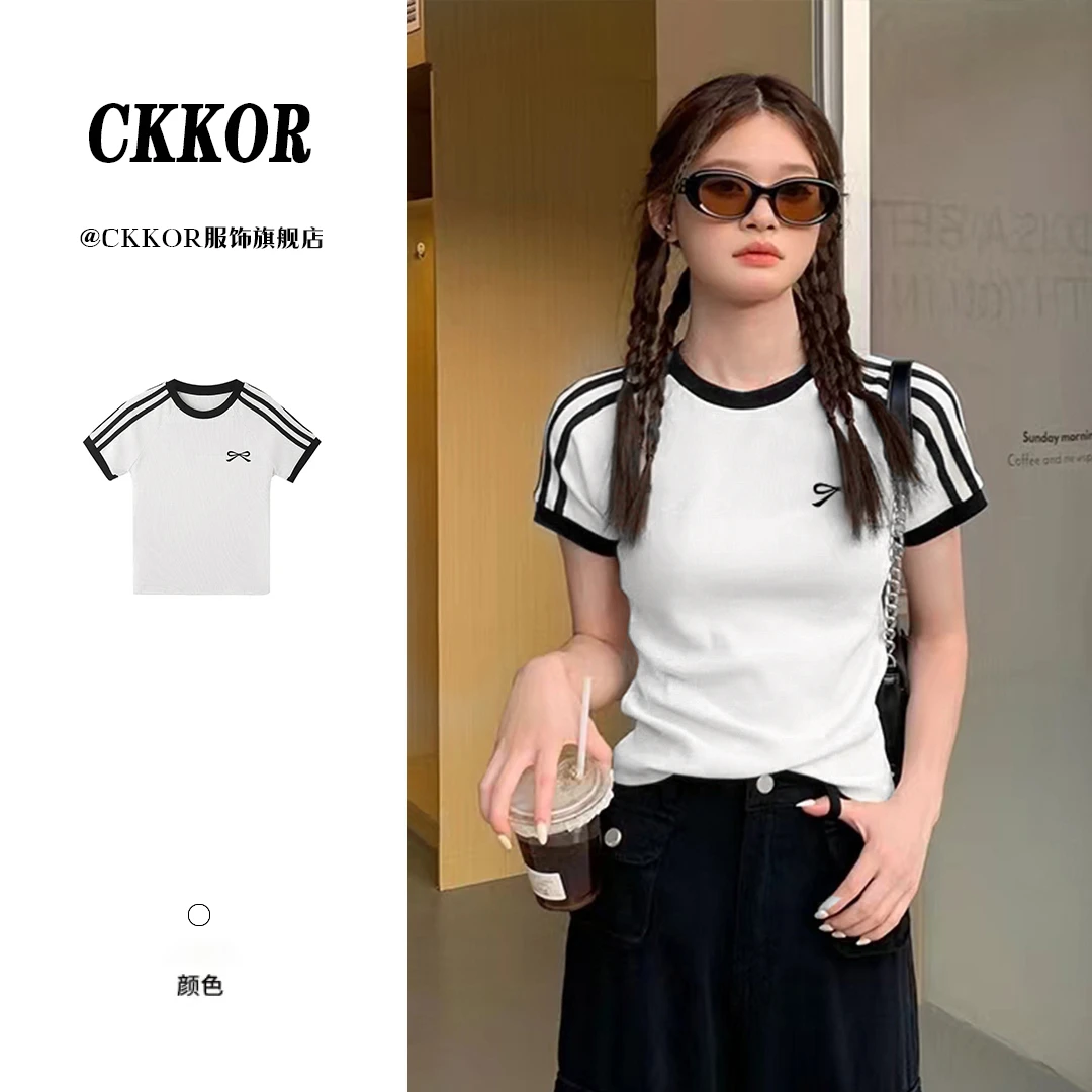 CKKOR美式三条杠修身显瘦圆领短袖黑色小蝴蝶结印花白色短款女t恤