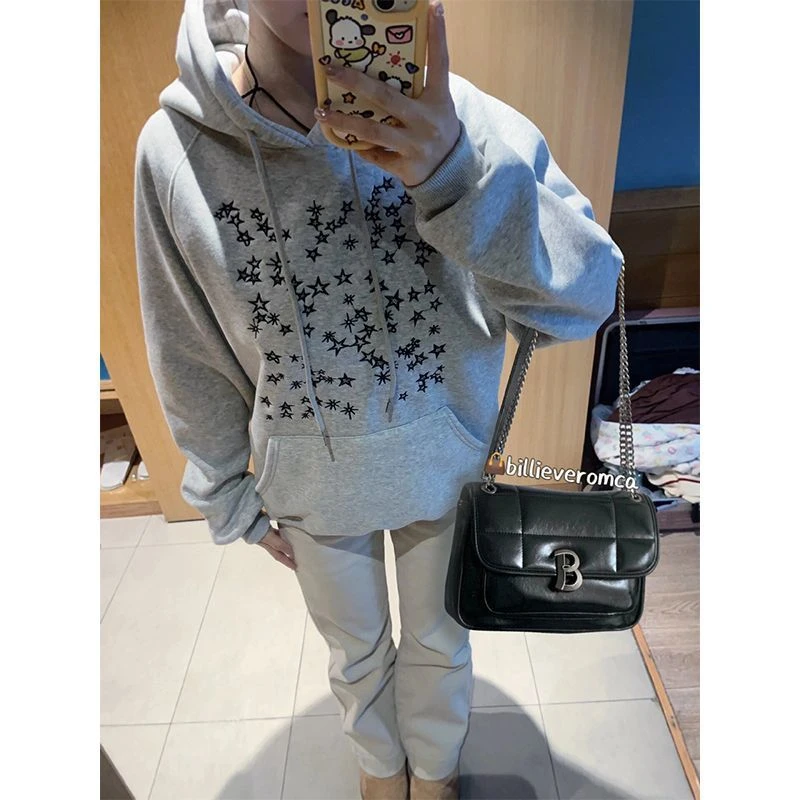 星星印花美拉德连帽卫衣男女春秋季情侣款百搭加绒加厚外套上衣服