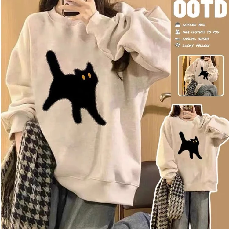 CKKOR港风chic卡通猫咪冬款遮屁股卫衣女宽松高级感休闲百搭上衣