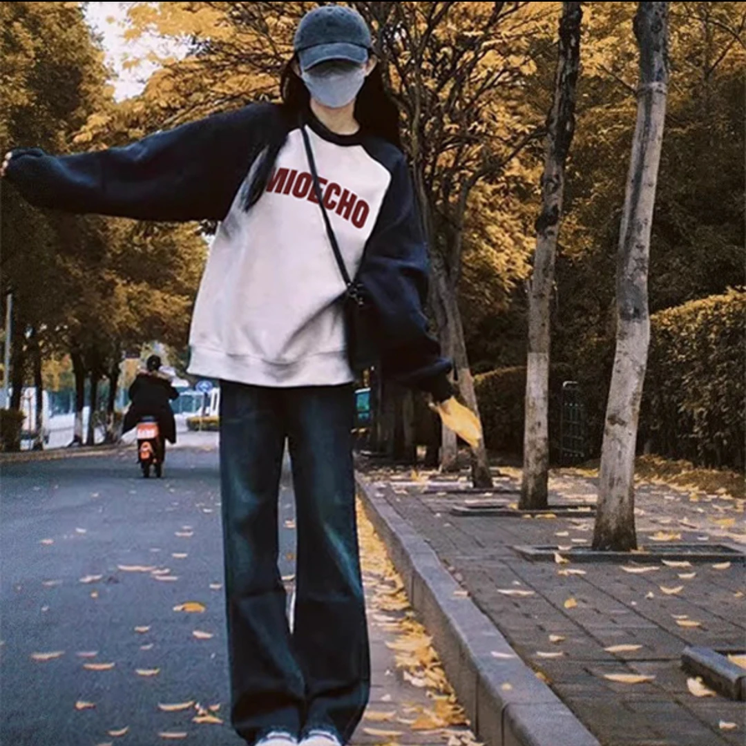 美式复古长袖插肩春秋卫衣加厚加绒女宽松慵懒风卫衣休闲百搭学生