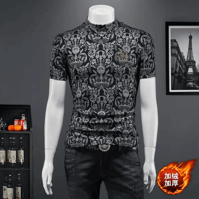 2025秋冬新款潮男装男士韩版修身印花中领短袖T恤加绒加厚打底衫