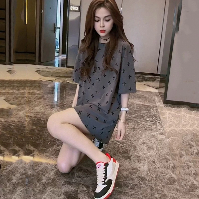 0378#纯棉短袖t恤女夏季中长款潮牌印花胖mm大码宽松显瘦半袖上衣