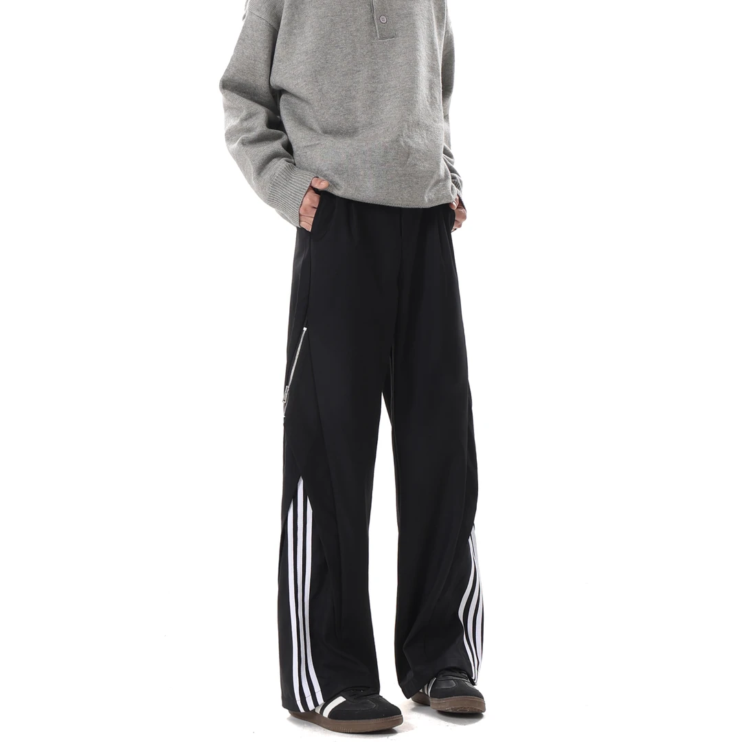 TOUAD美式复古三条杠条纹休闲裤男女宽松休闲侧拉链设计感裤子潮