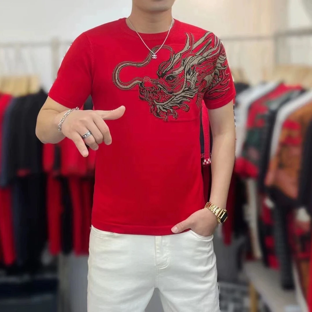 本命年红色龙纹针织衫春秋季新款男士百搭短袖时尚潮流打底毛衣男