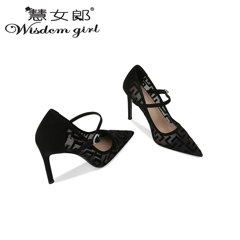 一字带单鞋女2024新款网纱蕾丝尖头细跟透气高跟鞋设计感小众名媛