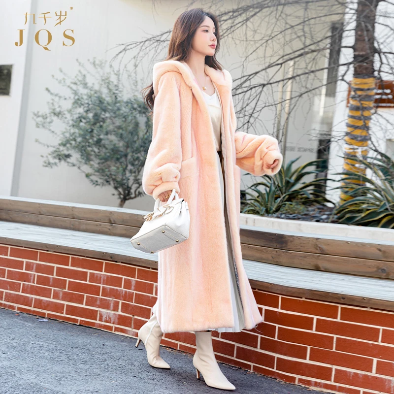 九千岁「人间仙色」进口貂皮大衣女整貂加长款幻彩连帽水貂皮草时尚