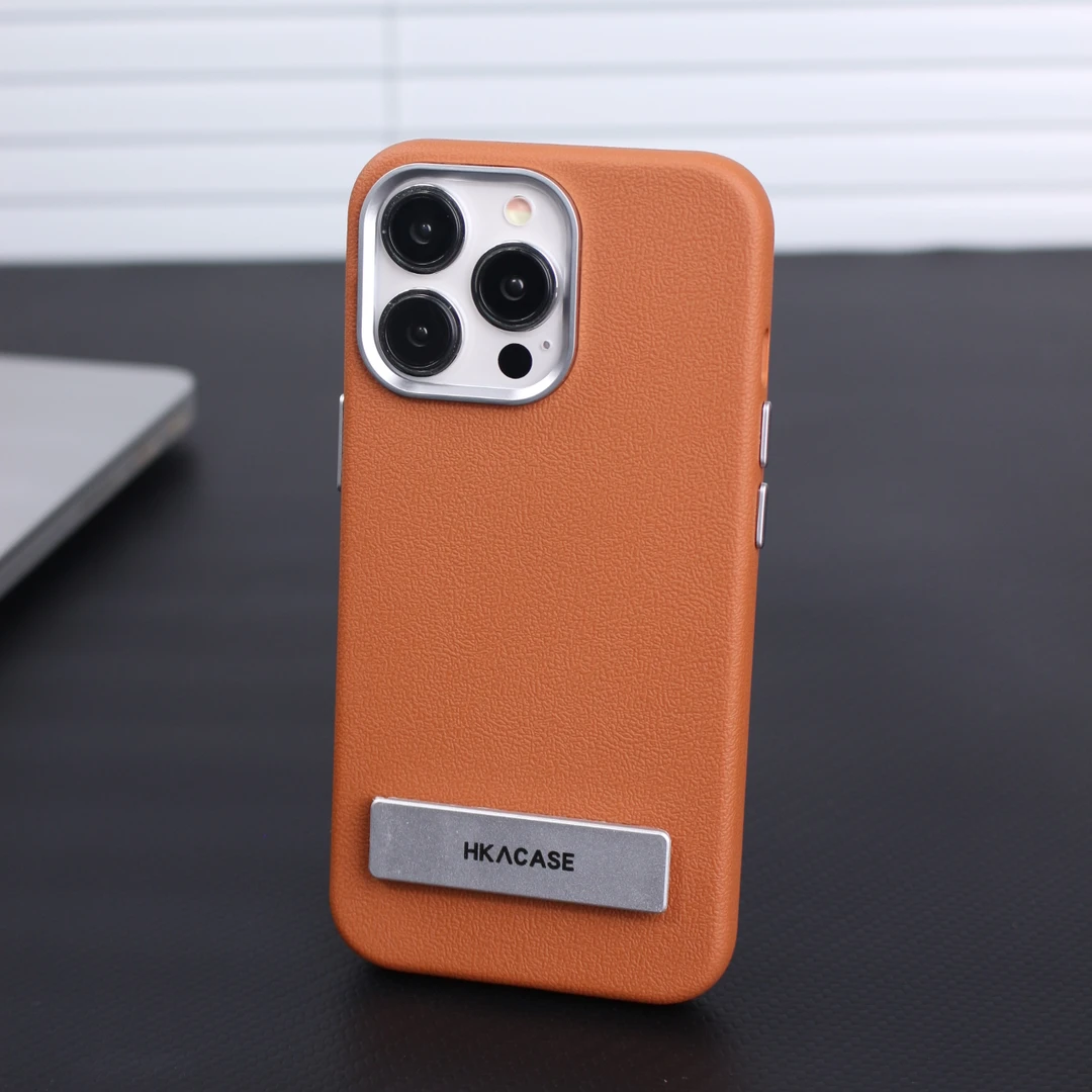 适用于苹果系列荔枝纹仿皮革全包手机壳防摔带支架高级感手机壳