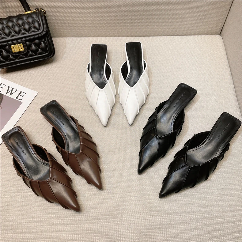 春夏法式小猫跟气质包头凉拖鱼骨设计尖头软皮细跟穆勒半拖733-3