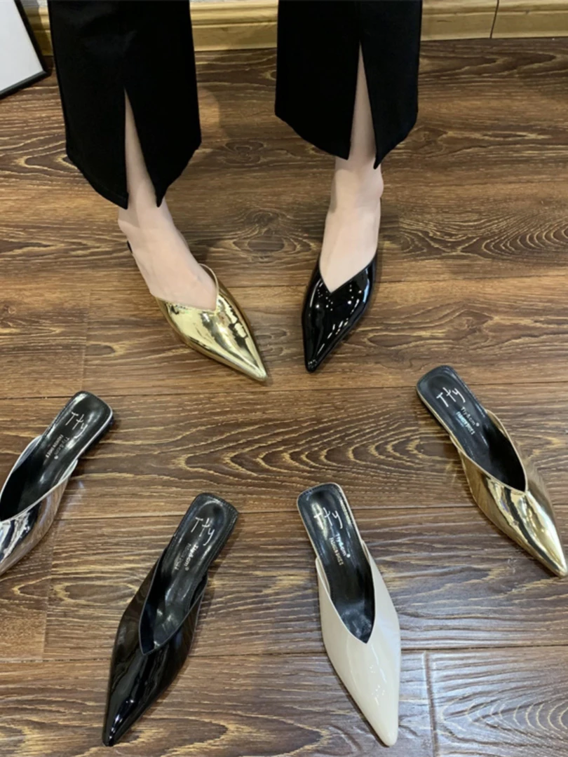 尖头低跟穆勒包头半拖女夏2025新款金色一字带水钻银色平底凉拖鞋