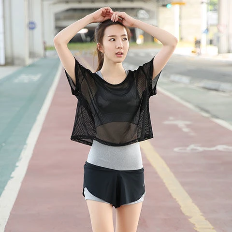 2024新款女夏性感跑步运动速干衣网纱瑜伽服运动大码健身体恤