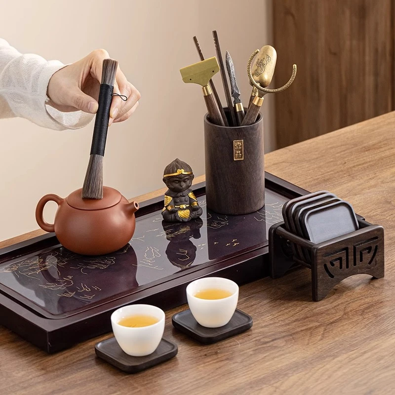 轻奢茶道六君子杯垫组合黑檀木纯铜配件套装功夫茶具茶刀茶夹大全