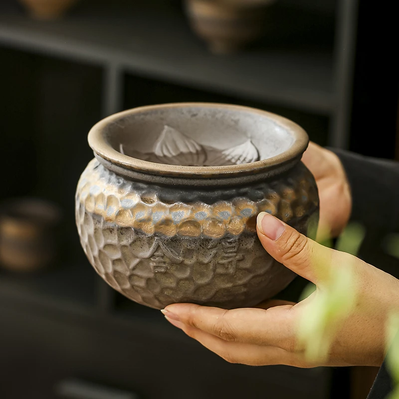 复古粗陶铁锈釉锤纹茶渣缸带盖水盂功夫茶具鎏金建水茶洗家用大号