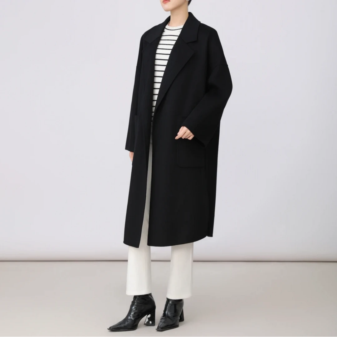 阿玛施早秋新款气质时尚优雅经典长款羊毛黑色大衣外套 5400952
