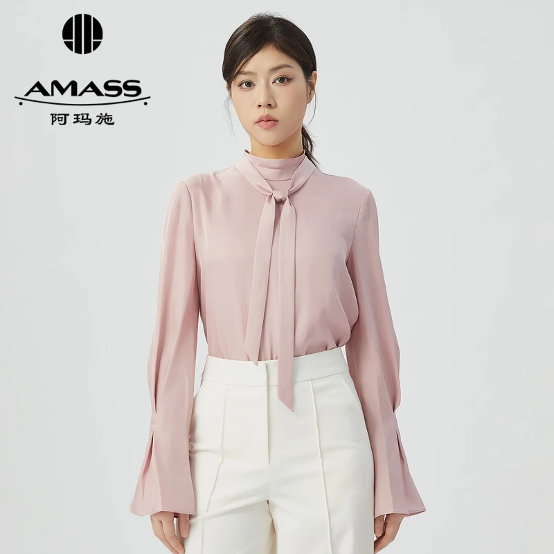 阿玛施/AMASS 新款特别感设计简约气质飘带褶袖上衣5300956长袖