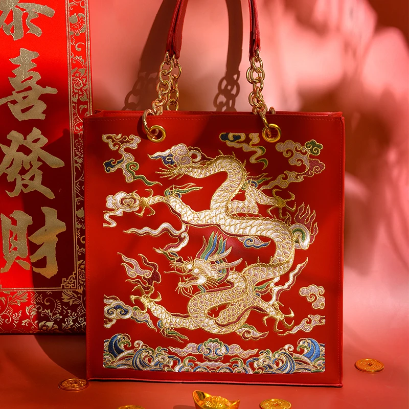 龙吟托特包2025新年包包女款大容量红色包包结婚包马面裙包