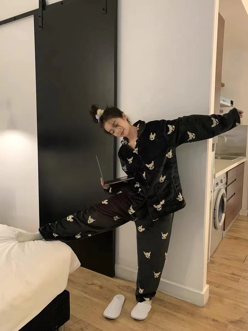 明星同款爆款睡衣女ins风高颜值加厚秋冬季珊瑚绒开衫家居服套装