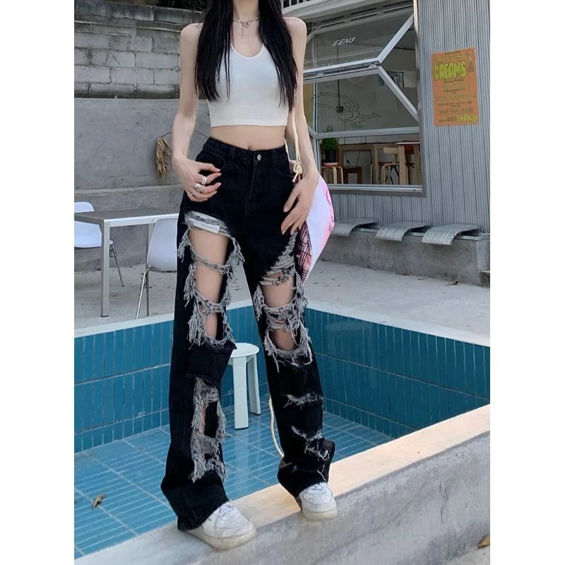特大码300斤高街辣妹破洞牛仔裤女夏季胖mm高腰显瘦拖地直筒裤子