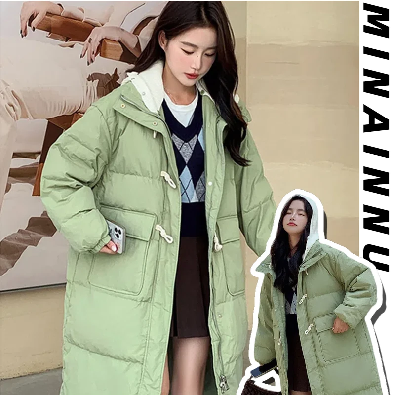 300斤特大码女装牛角扣学院风棉服冬季加绒加厚中长款保暖外套女