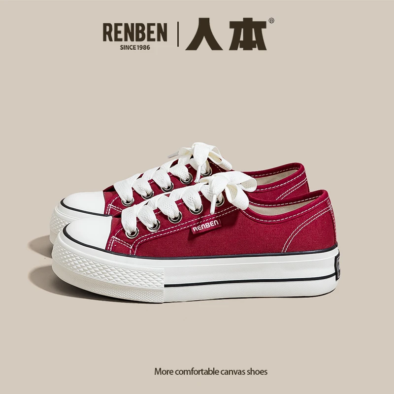 人本厚底低帮帆布鞋2025秋季透气女鞋红色休闲松糕底学生百搭板鞋
