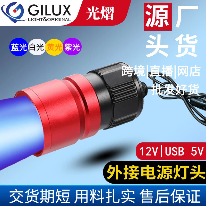 变焦12V透镜T6蓝光灯头黄光夜钓灯灯头外接usb钓鱼钓箱专用台钓灯