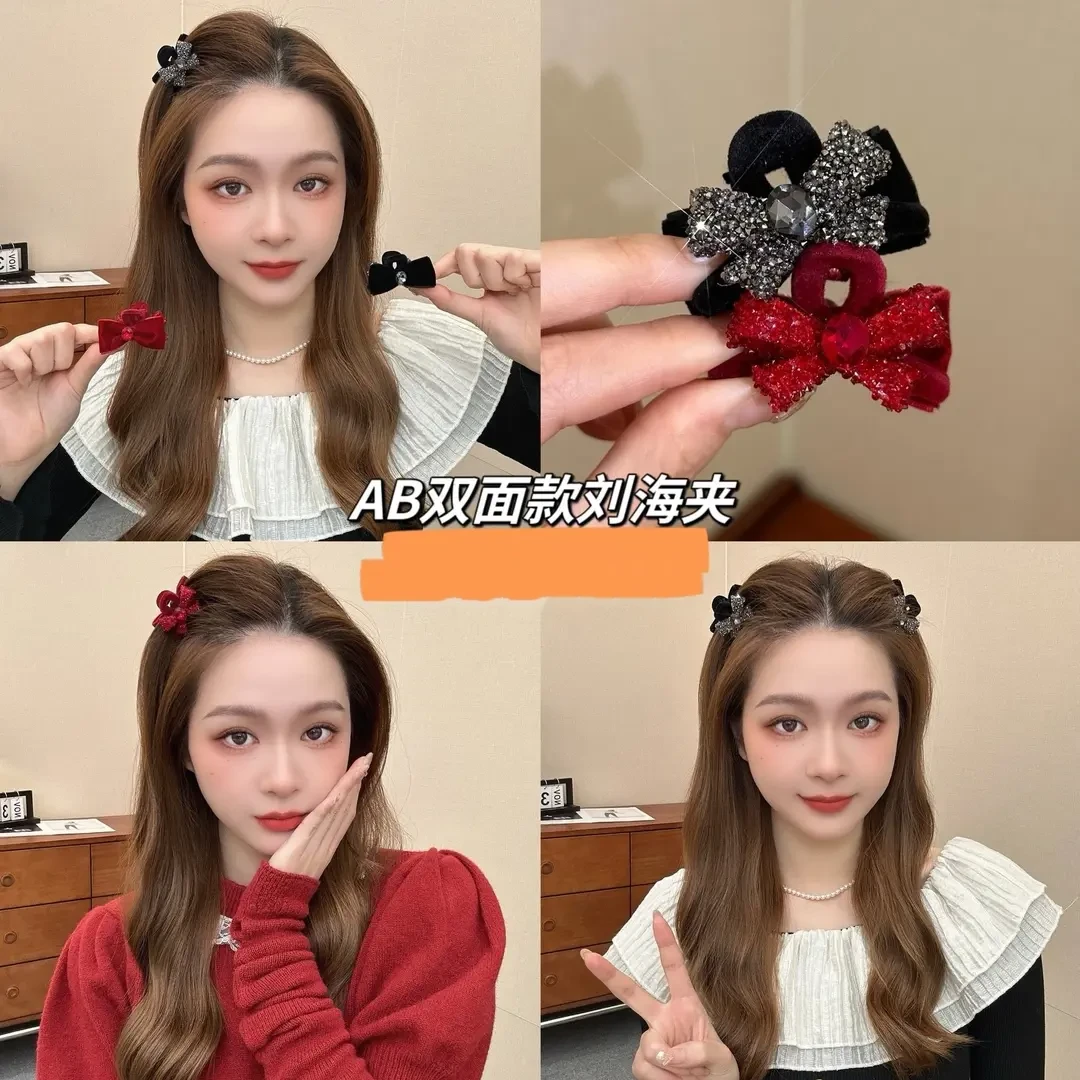 4.5CM过年红色黑色刘海抓夹蝴蝶结丝绒植绒发夹圣诞发夹K