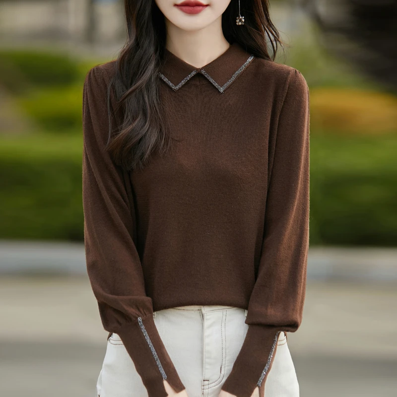 高级烫钻翻领打底衫女宽松显瘦秋季长袖T恤polo领上衣