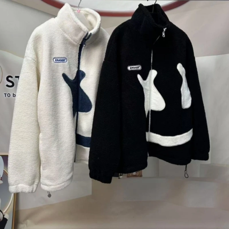 情侣款毛绒仿羊羔毛外套2024秋冬新款国潮情侣立领卫衣加厚羊羔绒